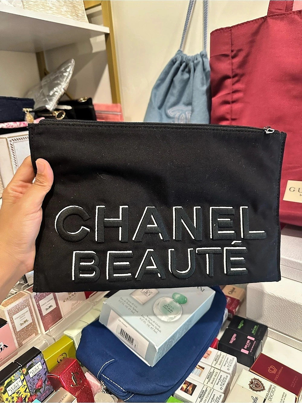 Chanel Beauté Black Canvas Makeup Pouch Black